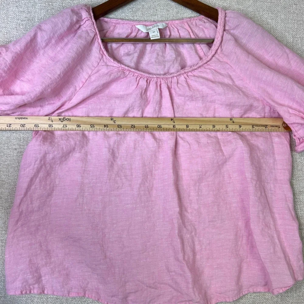 Lilly Pulitzer Pink 100% Linen Puff Sleeve Braided Trim Blouse Top Medium